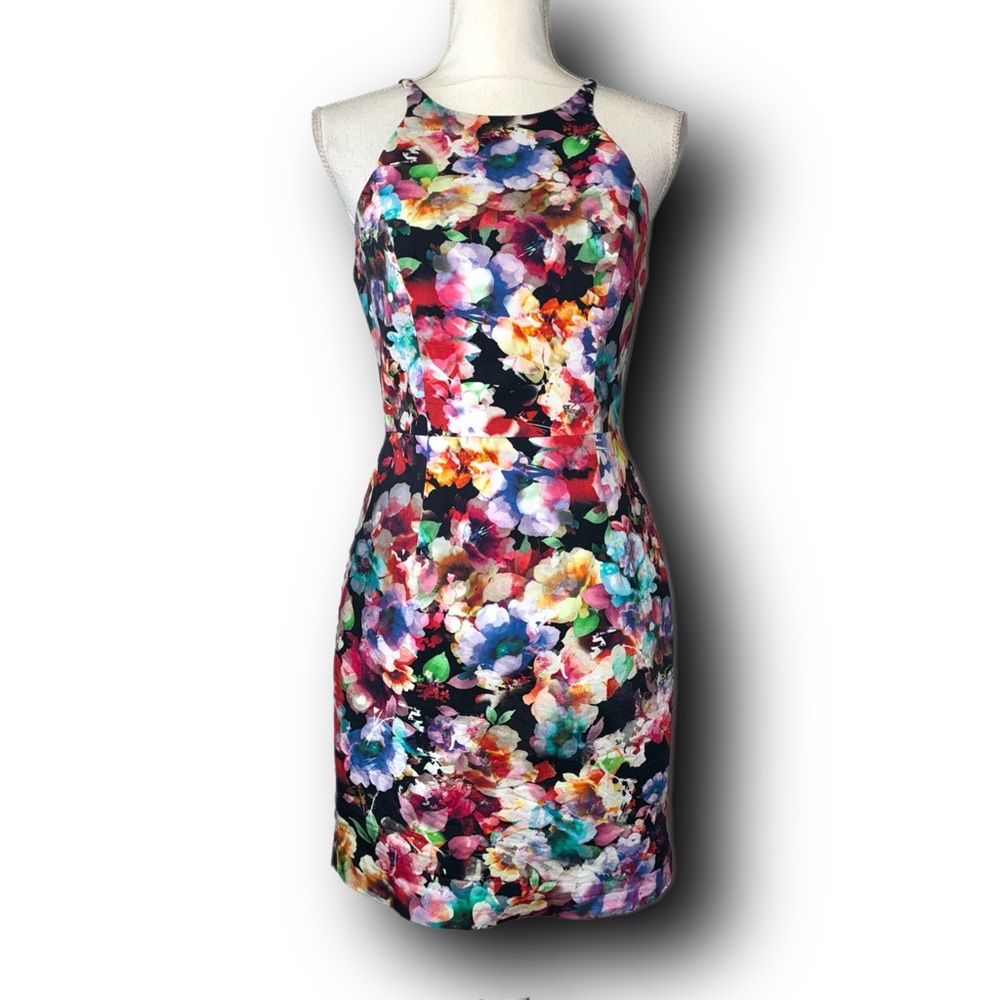 Black Halo Watercolor Floral Halter Mini Dress - Multicolor Structured Cotton